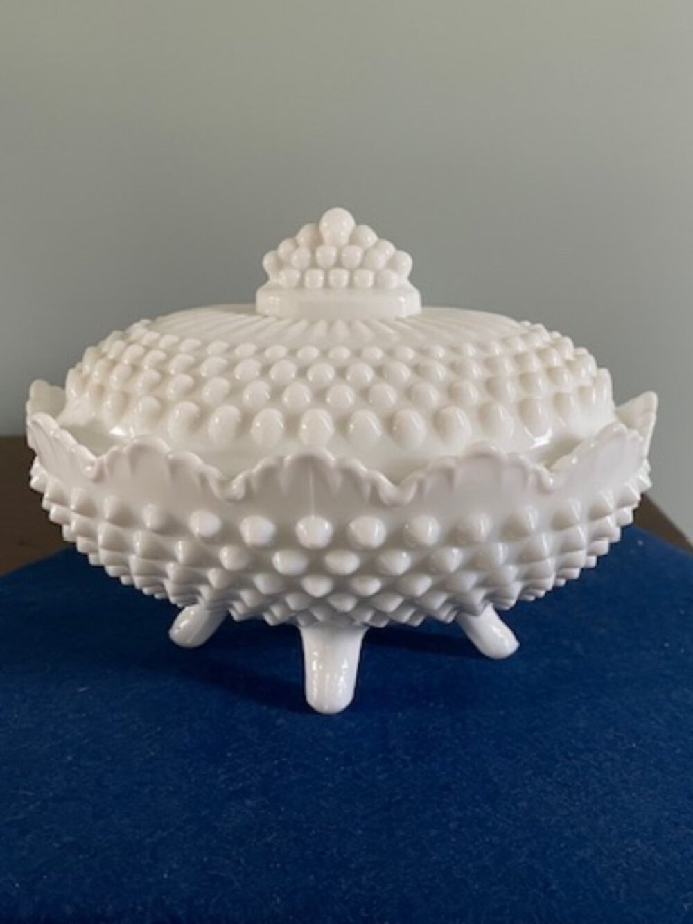 Fenton Hobnail Milk Glass Oval Covered Dish with Chip